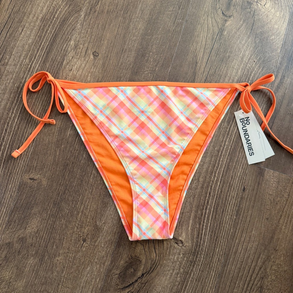 No Boundaries Bikini Swim Bottom Womens XXL 20 Orange Plaid Cheeky High Leg NWT